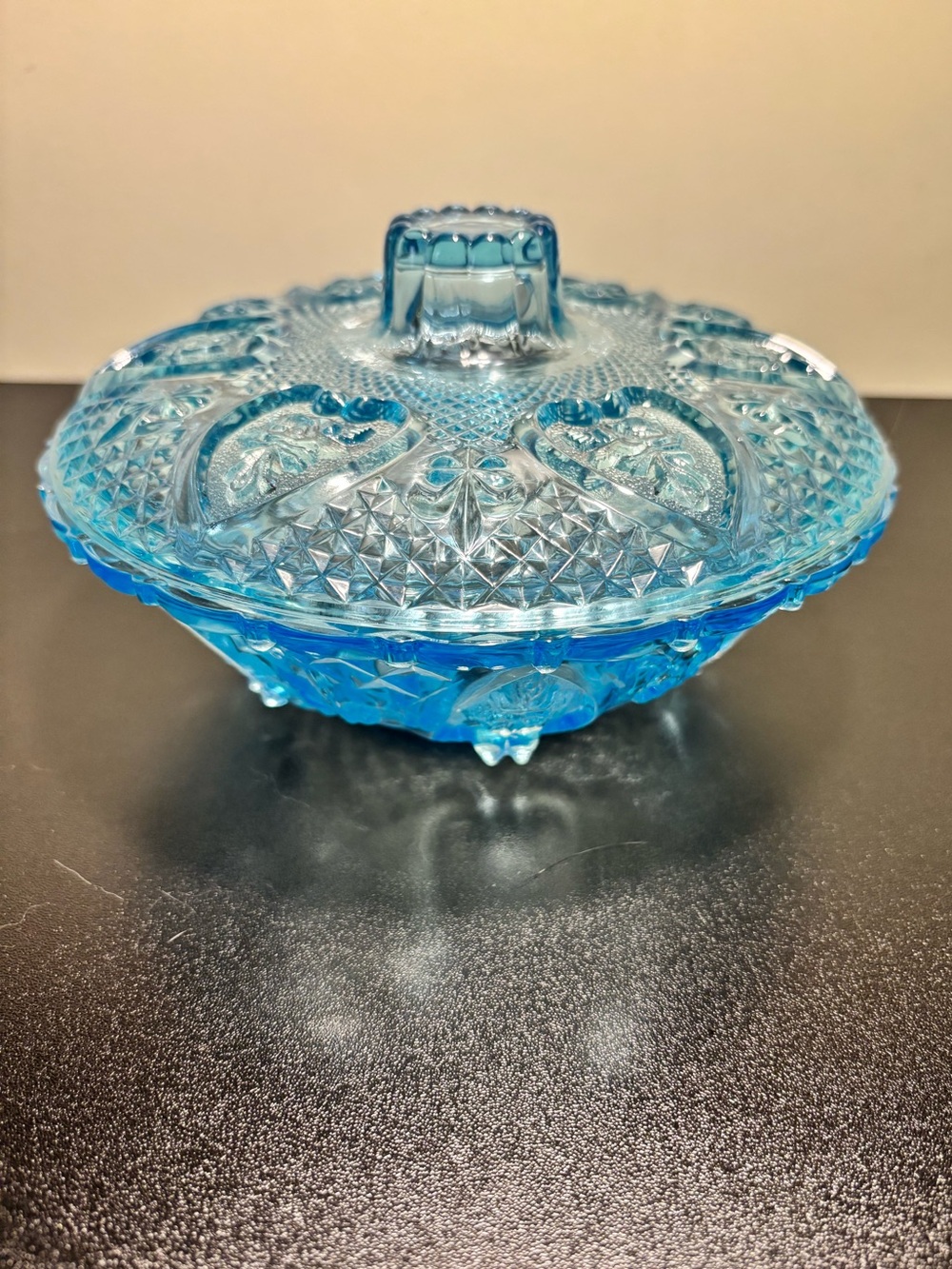 Indiana Glass Blue Pressed Glass Covered Candy Dish